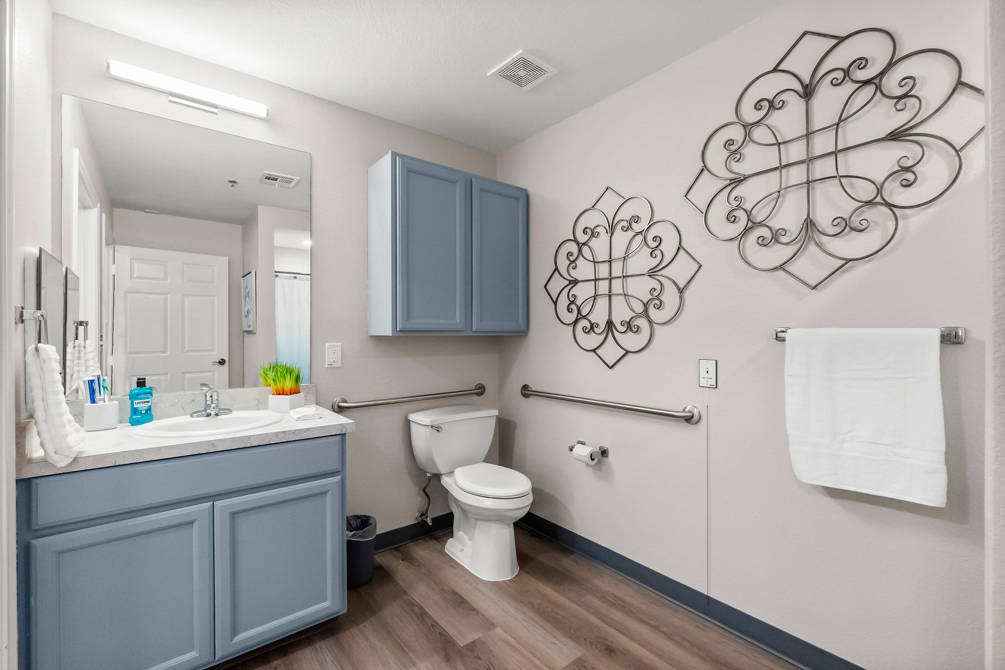 A modern, updated restroom in an apartment at Sundale Senior Living in Huntsville, TX